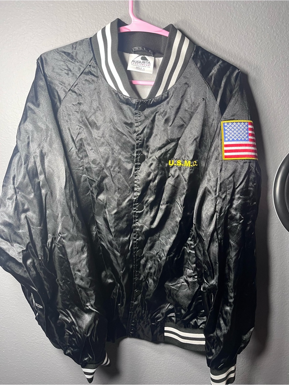 Augusta Sportswear Black Satin Jacket with USMC Embroidery and Flag Patch